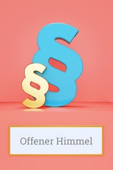 Offener Himmel. Begriff auf Schild. Präsentation von Paragrafen auf Podest in Museum. Symbol für Recht, Gesetz, Urteil. Rosa Hintergrund