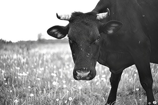 black and white photo of a black cow