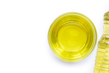 Soybean oil in a glass bowl on white backgraund.
