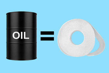 Compare prices of oil barrel and toilet paper, match cost of oil drum and bog roll, oil price drop concept, barrel low rate banner, fuel value fall down illustration, global financial crisis poster