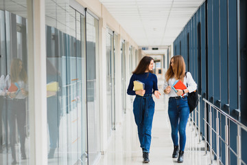 Two young women with book chatting while standing in college corridor. University students in...