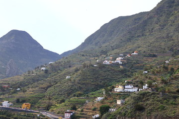 Fototapeta na wymiar view to the village Hermigua on the Canary island La Gomera with multi colored houses and palm trees