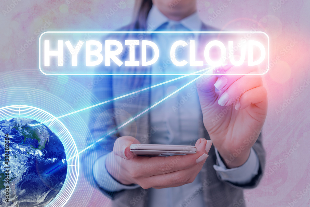Poster text sign showing hybrid cloud. business photo text computing environment that combines public and a
