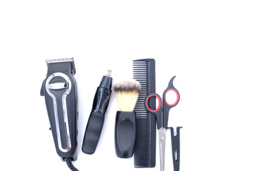 top view of professional barber tools and blank space
