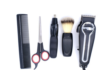 top view of professional barber tools and blank space