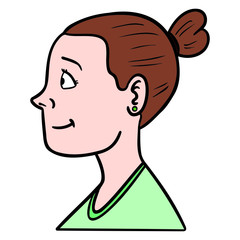 Happy woman from the side with brown hair and bun. green t-shirt, avatar, comic illustration.