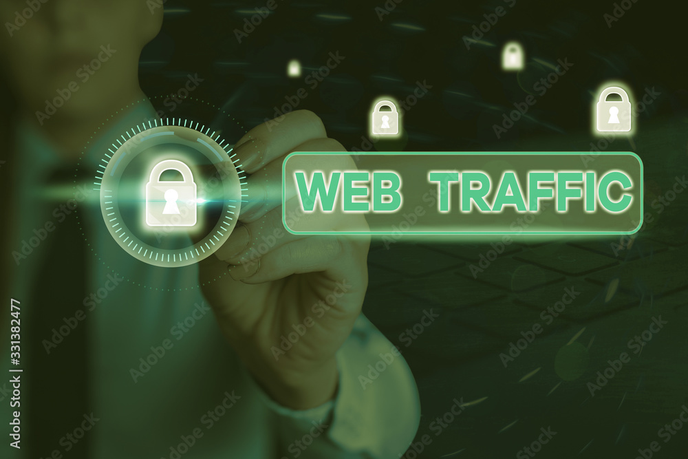 Aufkleber writing note showing web traffic. business concept for the amount of data sent and received by visit