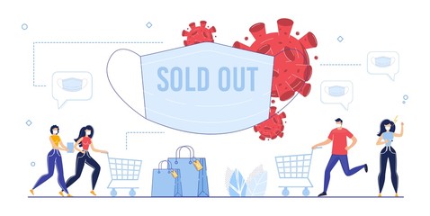 Hospital Breathing Protective Facial Mask Sold Out due to Coronavirus. People Push Trolley Cart Buy Order Parcel with Respiratory Wear for Protect Covid19 Virus. Medical Protection, Human Life Safety