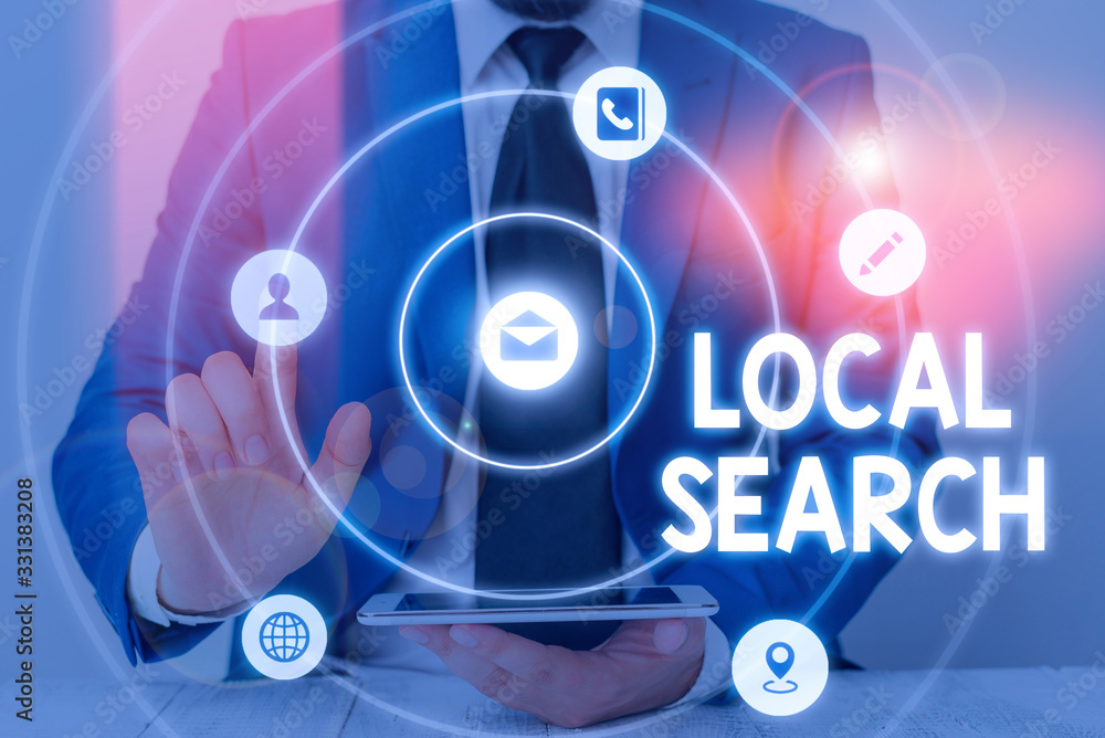 Poster word writing text local search. business photo showcasing searches of a structured database of local