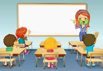 Scene with teacher and many students in classroom