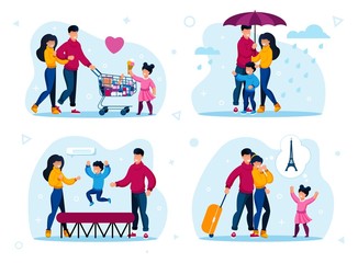 Naklejka premium Family Active Life and Leisure Trendy Flat Vector Concepts Set. Parents with Children Buying Groceries in Store, Walking in Rain, Jumping on Trampoline, Traveling in Foreign Country Illustrations