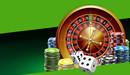 illustration Online Poker casino banner with american roulette on green surface table. Marketing Luxury Banner Jackpot Online Casino with classic roulette. Advertising poster with red ribbon for text.