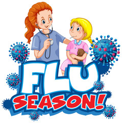 Font design for word flu season with doctor and little girl