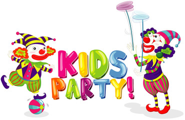 Font design for word kids party with two clowns on white background