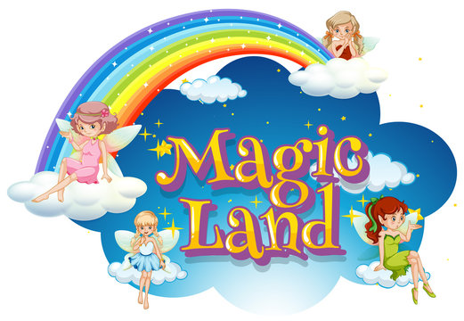 Font design for word magic land with fairies flying in the sky