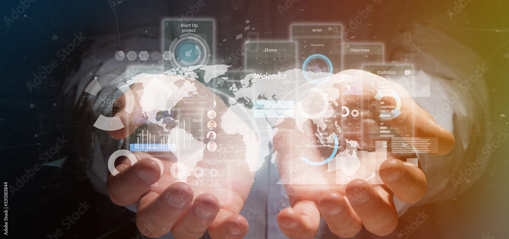 Poster businessman holding user interface screens with icon, stats and data 3d rendering
