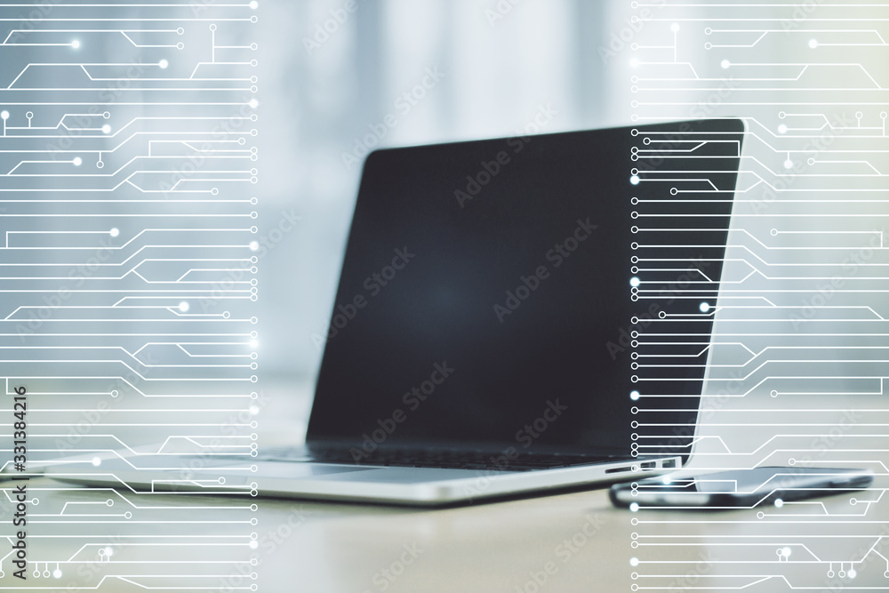 Poster creative abstract micro chip hologram on modern computer background, artificial intelligence and mac