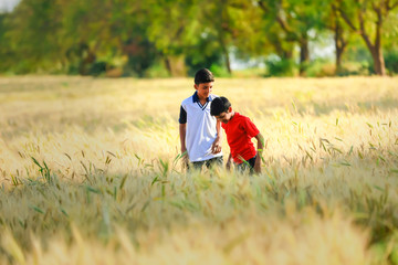 Naklejka na ściany i meble Indian / Asian little boy playing in wheat field