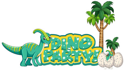 Font design for word dino party with parasaurolophus in forest