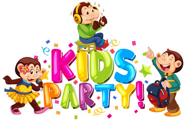Font design for word kids party with cute monkeys