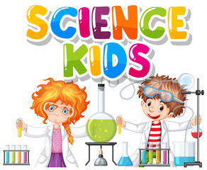 Font design for word science kids with children in science lab