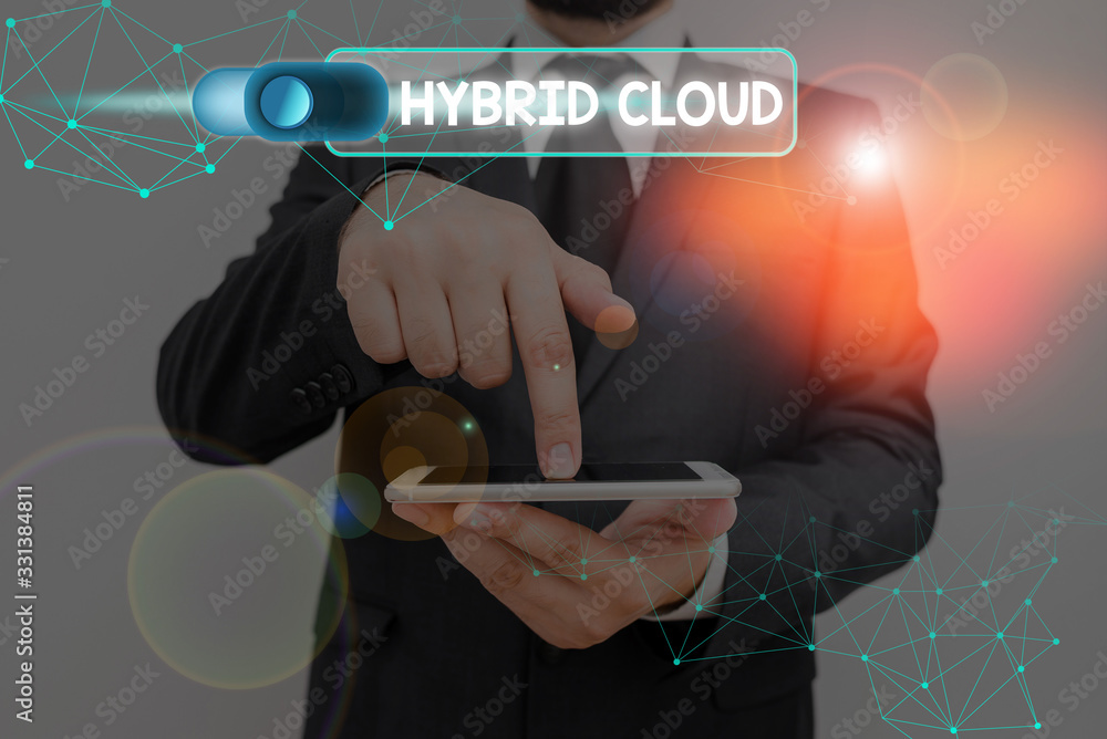 Poster writing note showing hybrid cloud. business concept for computing environment that combines public a