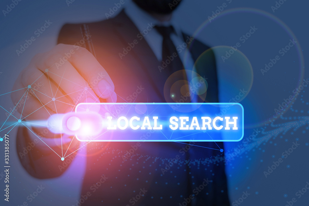 Poster word writing text local search. business photo showcasing searches of a structured database of local