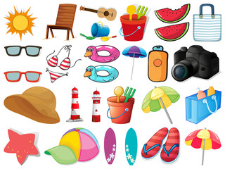 Large set of different summer objects on white background