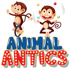 Font design for word animal antics with happy monkeys