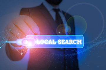 Word writing text Local Search. Business photo showcasing searches of a structured database of local business listings