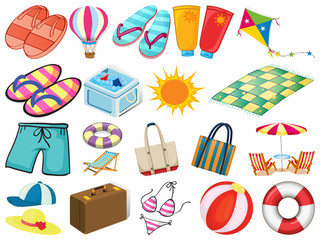 Large set of different summer objects on white background