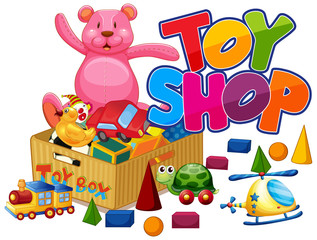 Fototapeta premium Word design for toy shop with many toys on the floor