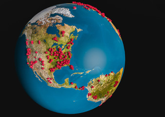 Fototapeta premium Pandemia Coronavirus (COVID-19) clung to the USA on the globe. Symbolic 3d infographics on countries affected by the epidemic Coronavirus (COVID-19) in Europe.