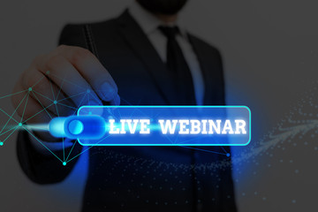 Word writing text Live Webinar. Business photo showcasing seminar that is transmitted over the Web...