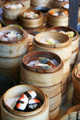 Chinese cuisine, Yumcha or Dim Sum in bamboo steamer