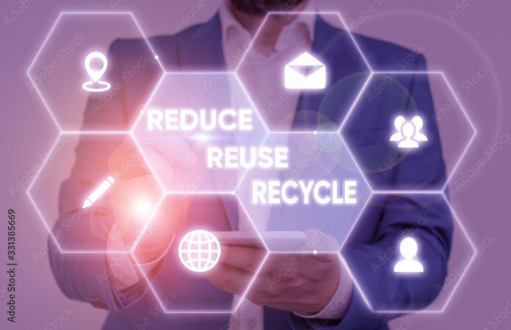 Poster handwriting text reduce reuse recycle. conceptual photo environmentallyresponsible consumer behavior