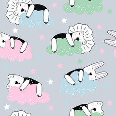 Hand drawn vector cute cartoon pastel color seamless pattern illustration with sleeping animal on the cloud for baby textile, cloth or linen texture, apparel, clothes or decoration