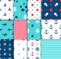 Seamless Pattern Set . Octopus, Fich and Starfishes. Marine background. Perfect for greetings, invitations, wrapping paper, textile, wedding and web design.