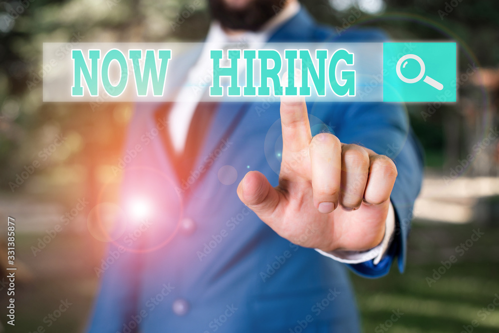 Poster conceptual hand writing showing now hiring. concept meaning finding evaluating working relationship 