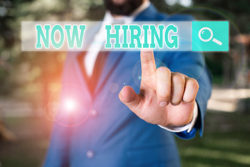 Conceptual hand writing showing Now Hiring. Concept meaning finding evaluating working relationship...