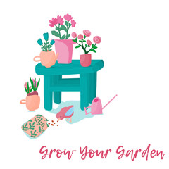 Urban farming and gardening collage with gardening tools, seeds and plants in the pots. Vector illustration 