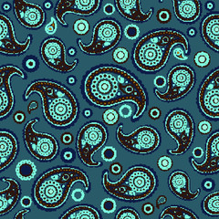 Paisley seamless pattern on the turquoise background