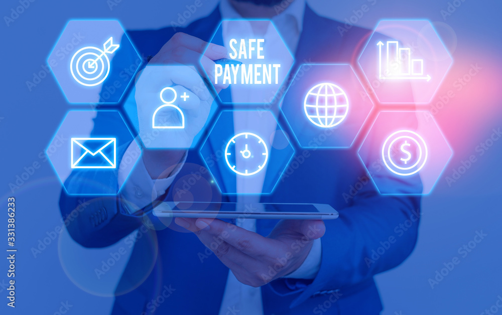 Poster writing note showing safe payment. business concept for webpage where credit card numbers are entere