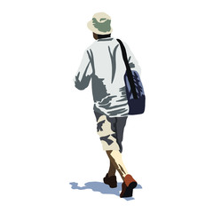 Hand drawn vector illustration man with bag on the street