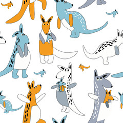 Hand draw seamless pattern cute cartoon colorful vector illustration happy kangaroo with black contours on the white background for baby textile, cloth, linen texture or home decoration