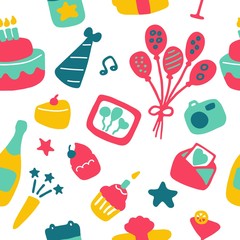 Holiday, birthday seamless pattern. Birthday party icon set. Hand drawn illustration. Vector