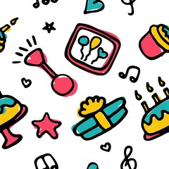 Holiday, birthday seamless pattern. Birthday party icon set. Hand drawn illustration. Vector