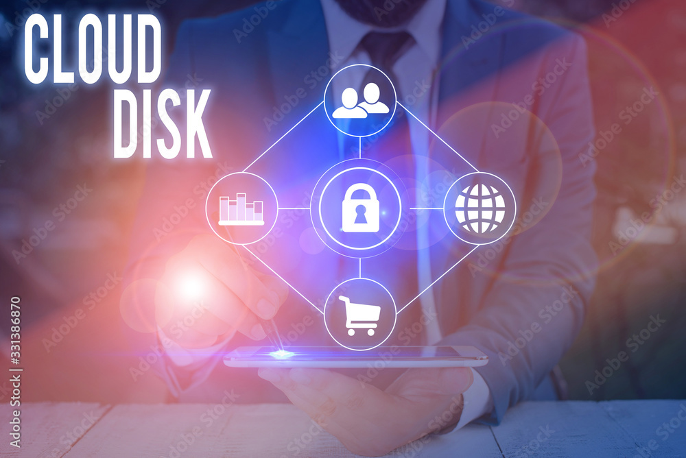 Poster text sign showing cloud disk. business photo text web base service that provides storage space on a 