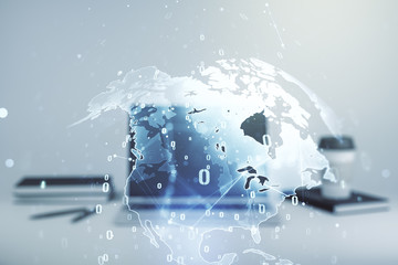 Double exposure of abstract programming language with world map on laptop background, research and development concept