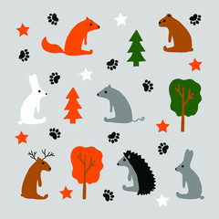 Hand drawn vector illustration set cartoon forest animals